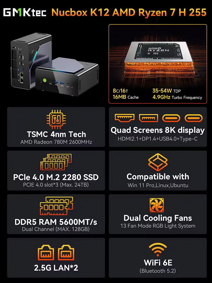 GMKtec K12 AMD Ryzen™ 7 H 255 Gaming Mini Bilgisayar — Ön Sipariş