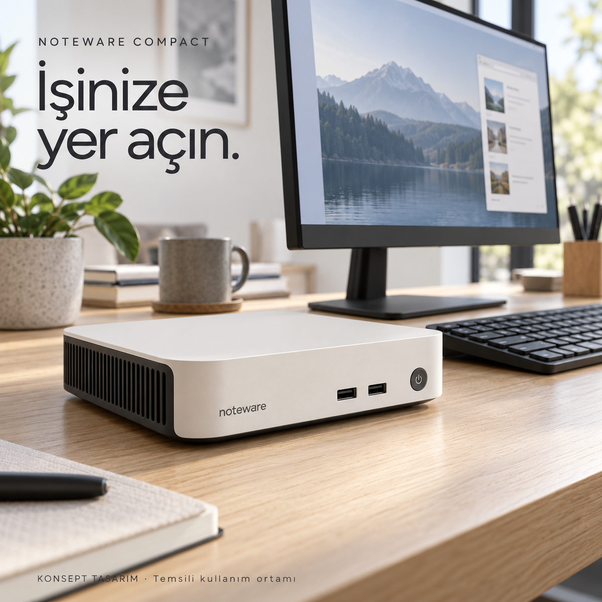 Noteware compact-desk — konsept tasarım; nihai ürün doğrulaması bekleniyor