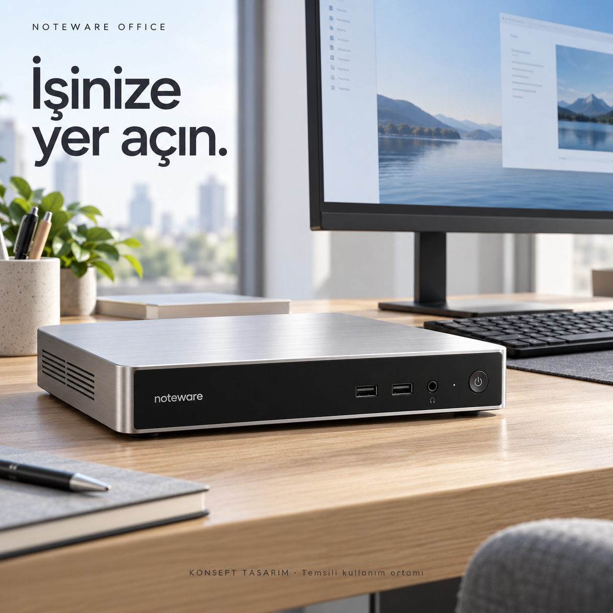 Noteware office-desk — konsept tasarım; nihai ürün doğrulaması bekleniyor