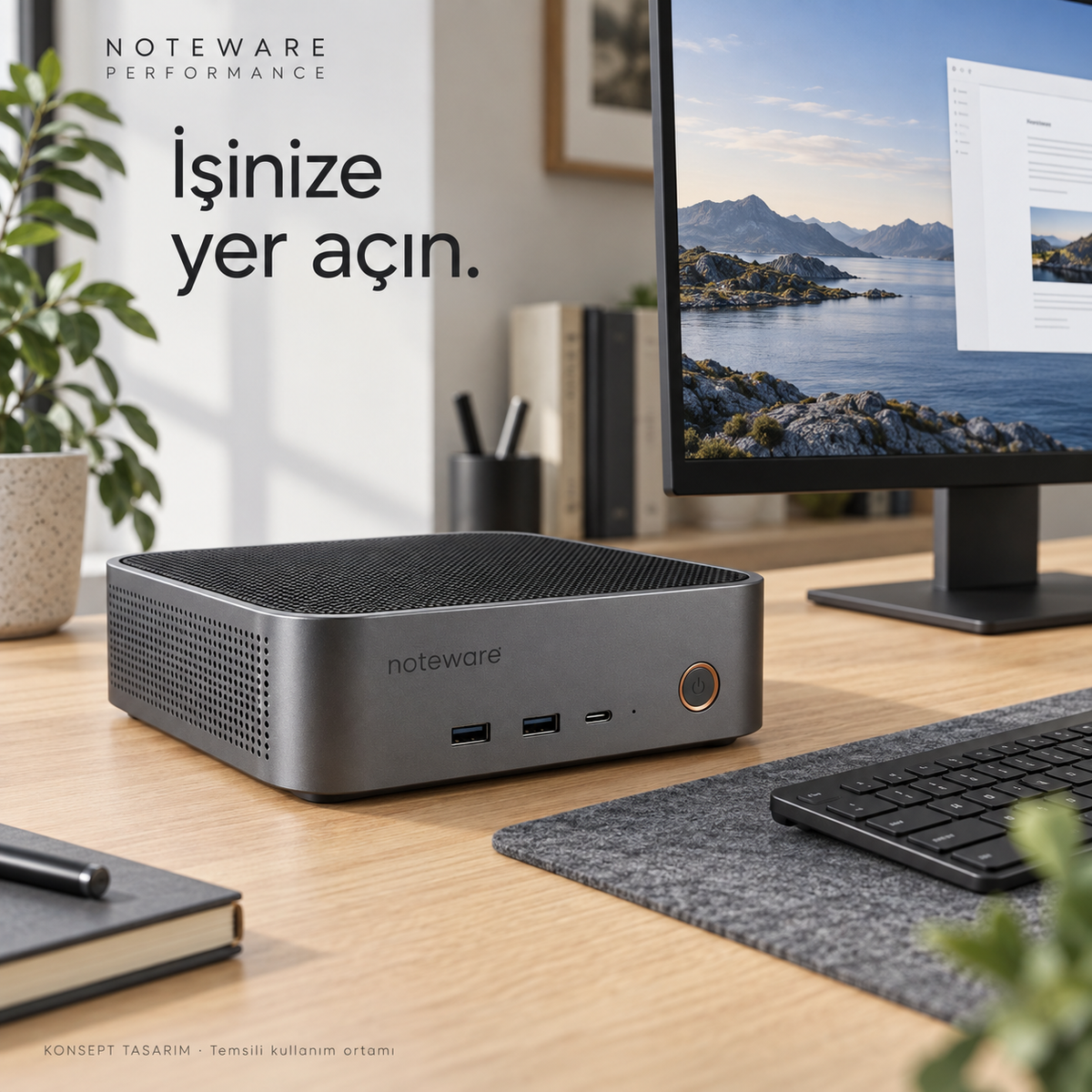 Noteware performance-desk — konsept tasarım; nihai ürün doğrulaması bekleniyor