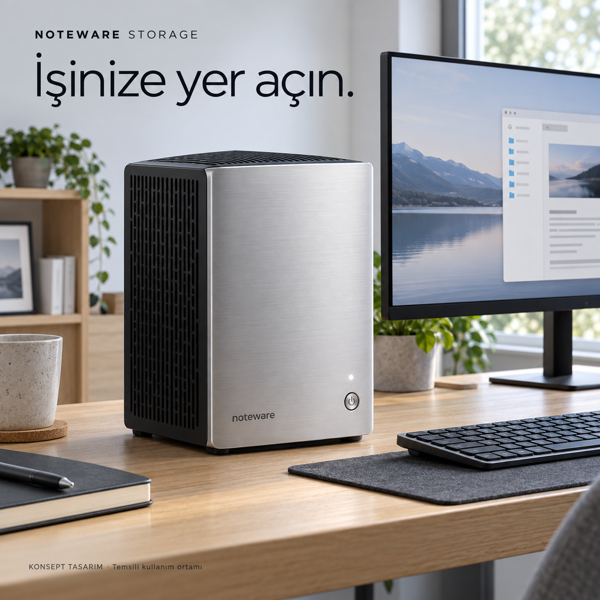 Noteware storage-desk — konsept tasarım; nihai ürün doğrulaması bekleniyor